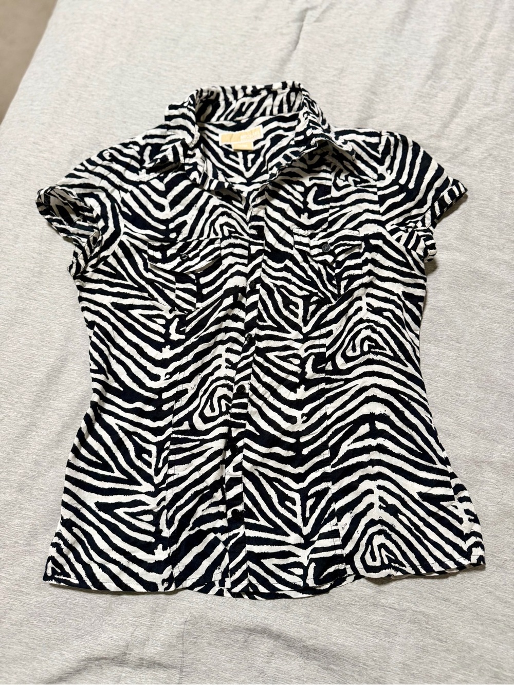 Michael Kors Black and White Zebra-Print Short Sleeve Button-Up Blouse